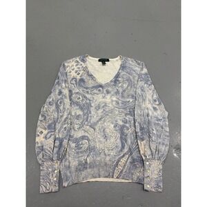 Lauren Ralph Lauren Silk Cotton Paisley V-Neck Sweater Blue Cream Button Cuff L